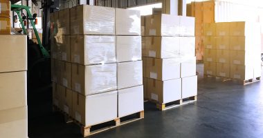 Interior of warehouse with stack package boxes on pallets, Warehouse industry delivery shipment goods, Logistics and transport